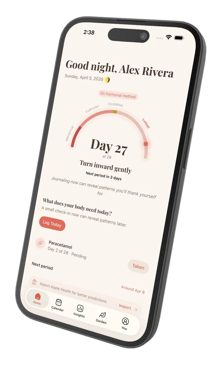 Vela app home screen showing cycle day, phase tracker, and daily log